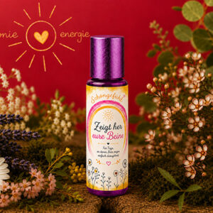 Aroma-Roll-on Zeigt her eure Beine aus der Beauty-Serie von Harmonie Energie, umgeben von getrockneten Kraeutern und Blueten