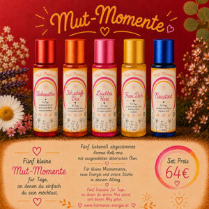 Produktfoto des Sets Mut-Momente von Harmonie Energie: fuenf Aroma-Roll-ons (Neustart, Trau Dich, Leichtes Herz, Ich schaffe das, Unkaputtbar) nebeneinander vor rotem Hintergrund, Set-Preis 64 Euro