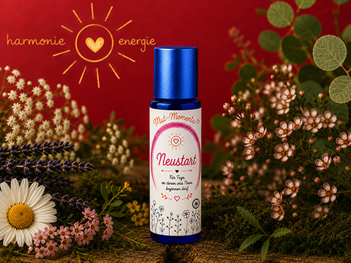 Aroma-Roll-on Neustart aus der Serie Mut-Momente von Harmonie Energie, umgeben von getrockneten Kraeutern und Blueten