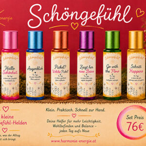 Produktfoto des Sets Schoengefuehl von Harmonie Energie: sechs Aroma-Roll-ons (Hallo Schoenheit, Augenblick, Pickel Welche Pickel, Zeigt her eure Beine, Go with the Flow, Schritt Happens) nebeneinander vor rotem Hintergrund, Set-Preis 76 Euro
