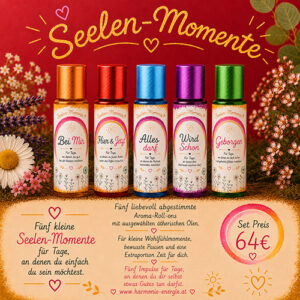 Produktfoto des Sets Seelen-Momente von Harmonie Energie: fuenf Aroma-Roll-ons (Geborgen, Wird Schon, Alles Darf, Hier und Jetzt, Bei Mir) nebeneinander vor rotem Hintergrund, Set-Preis 64 Euro